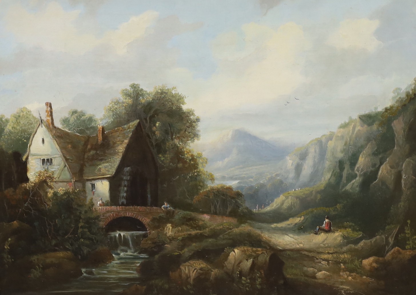 19th century English School, oil on canvas, Extensive landscape with figures beside a watermill, 45 x 60cm